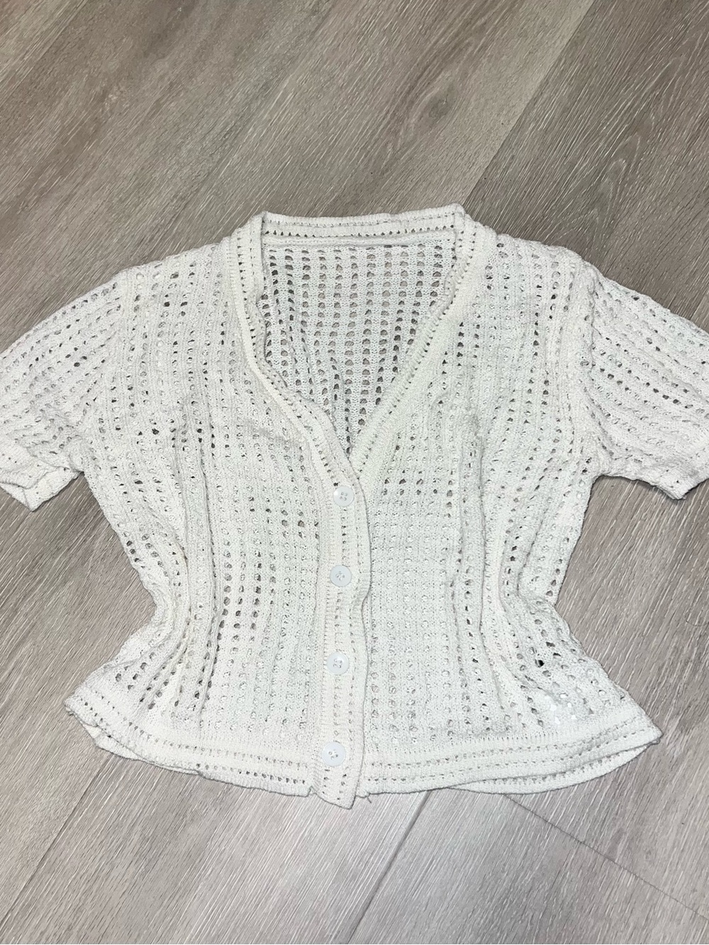 White Crochet Button-Up Short Sleeve Cardigan